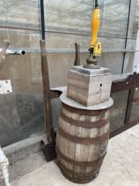 A DECORATIVE BODDINGTONS BITTER BEER PUMP WITH BARRELL AND SACK TRUCK BASE