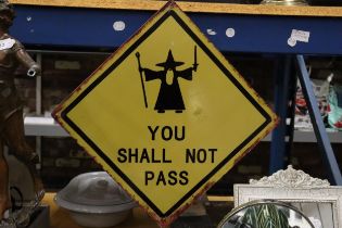 A MAN CAVE METAL SIGN OF A WIZARD, 'YOU SHALL NOT PASS', 35CM