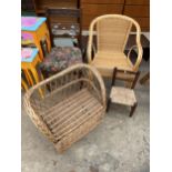 A WICKER CONSERVATORY CHAIR, CHILD'S WICKER SETTEE, CHILD'S CHAIR AND EDWARDIAN PARLOUR CHAIR
