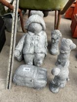 FIVE VARIOUS CONCRETE GARDEN FIGURES TO INCLUDE PADDINGTON BEAR AND A MINI COOPER ETC