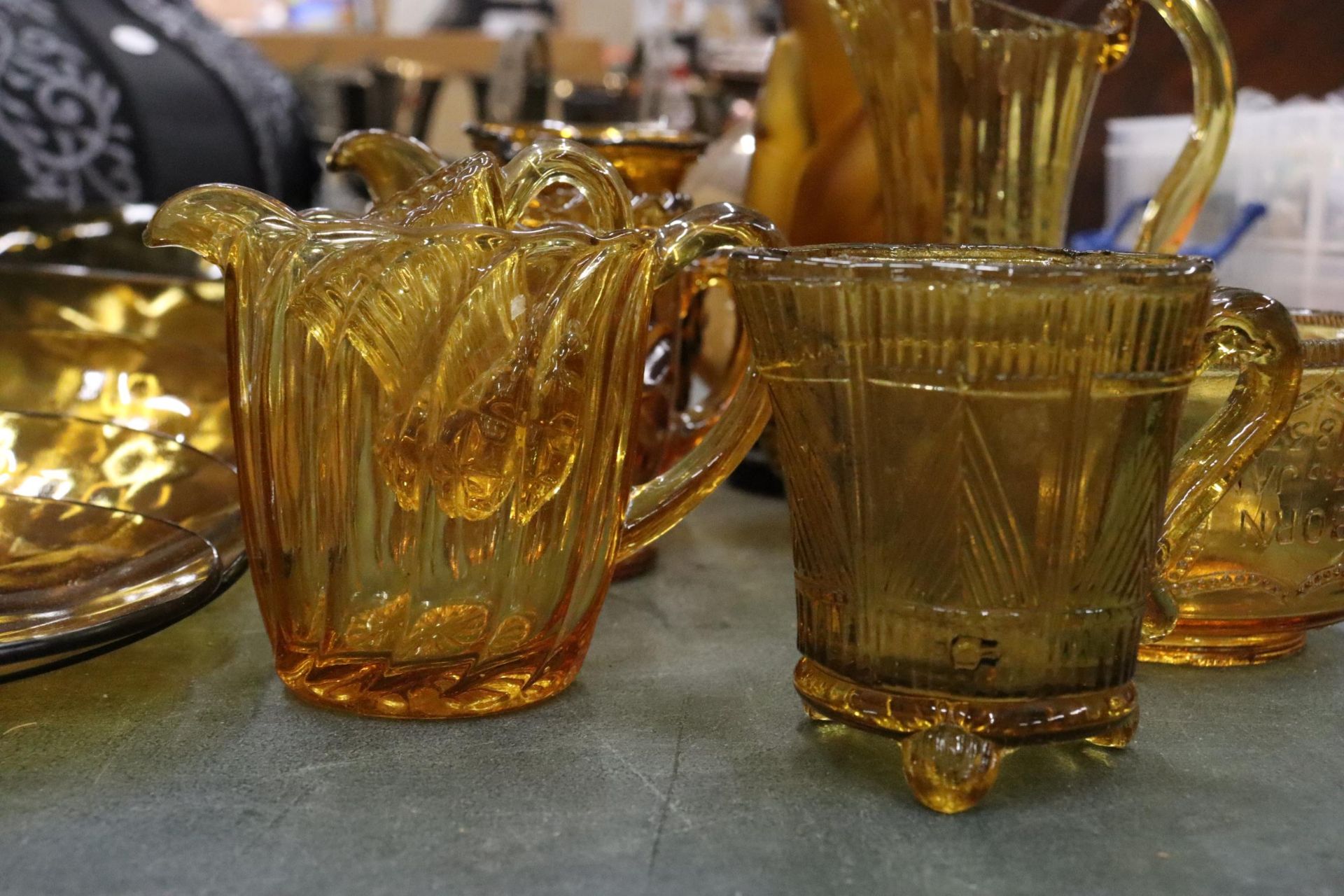A QUANTITY OF AMBER COLOURED GLASS TO INCLUDE VASES, PLATES, JUGS, ETC., - Image 7 of 11