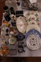 A LARGE QUANTITY OF CERAMICS TO INCLUDE FIGURES, JASPERWARE, GLASS PAPERWEIGHTS, ETC.,