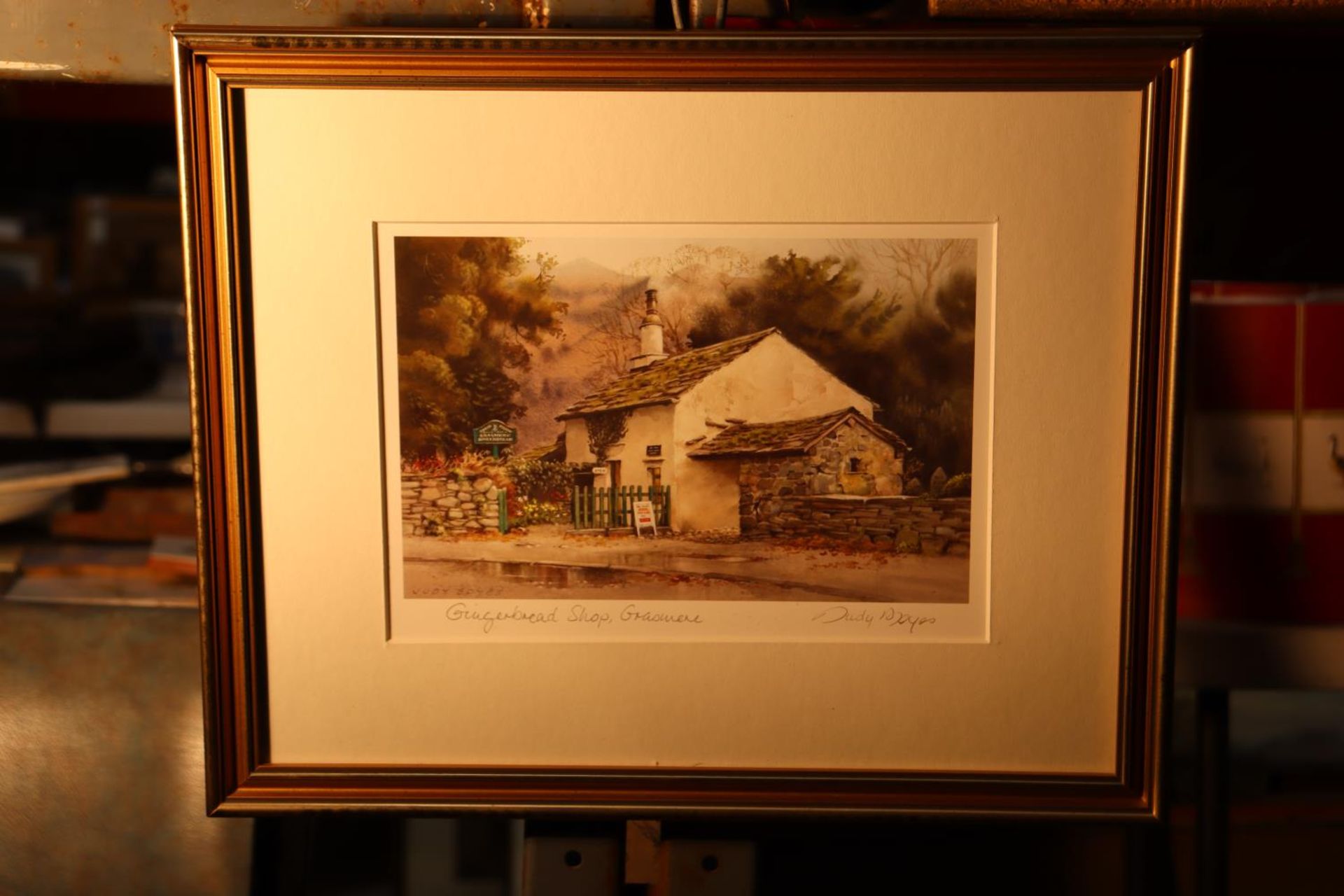 A FRAMED PRINT, 'GINGERBREAD SHOP, GRASMERE, SIGNED JUDY BOYES, 39CM X 32CM