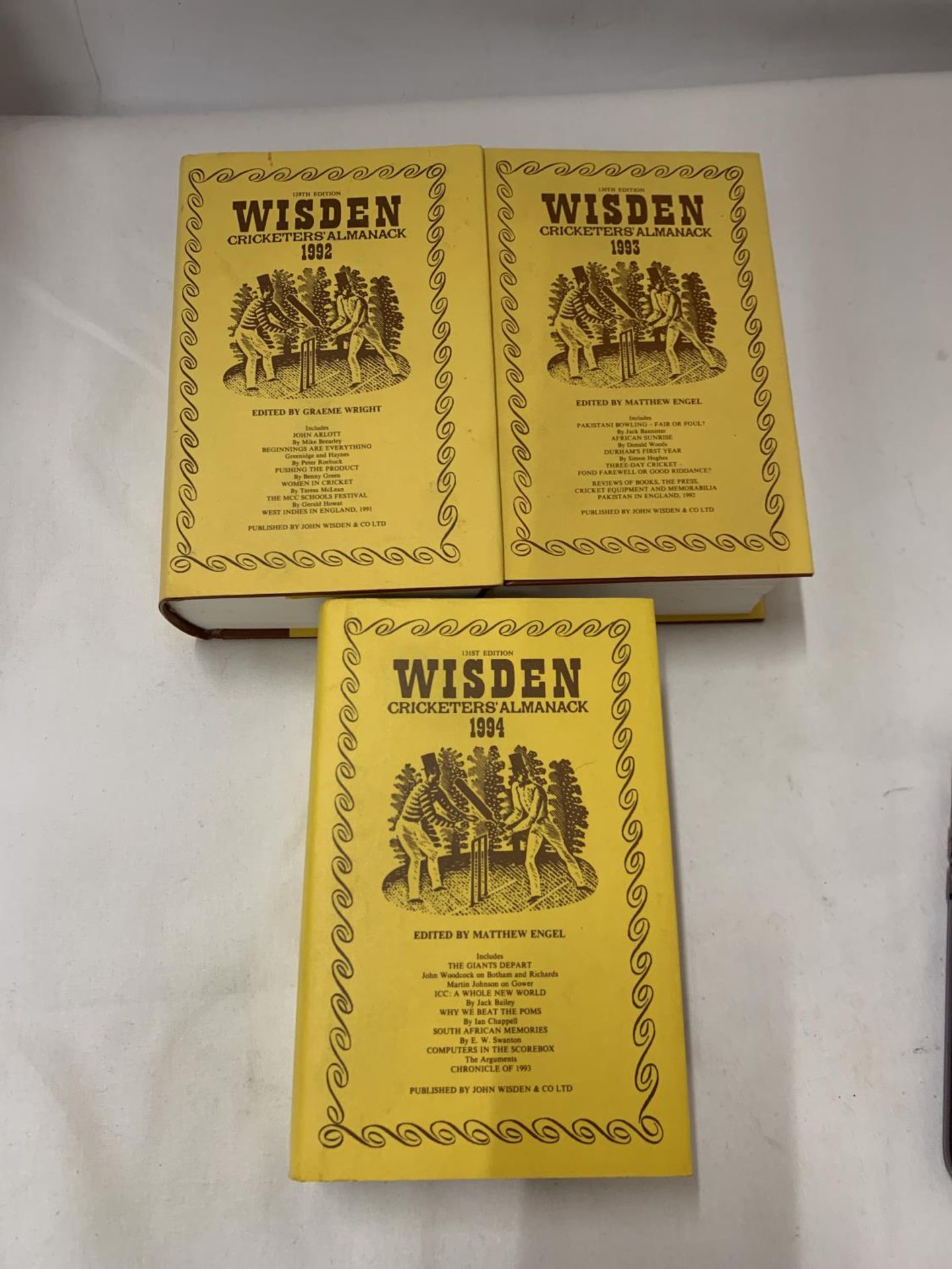 THREE HARDBACK COPIES OF WISDEN'S CRICKETER'S ALMANACKS, 1992, 1993 AND 1994. THESE COPIES ARE IN