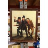 AN OIL ON BOARD OF THREE DRUNKS, SIGNED JOSEPH BINNEY, 35CM X 43CM