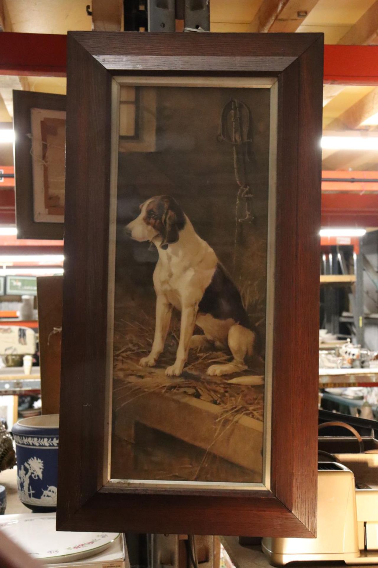 A VINTAGE PRINT OF A DOG IN A STABLE, 41CM X 80CM