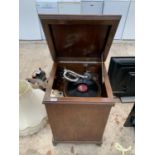 A VINTAGE WOODEN CASED HIS MASTERS VOICE WIND UP GRAMOPHONE