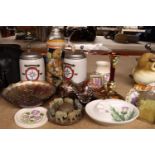 A QUANTITY OF CERAMIC ITEMS TO INCLUDE GERMAN STEINS, CARNIVAL GLASS, AN ELEPHANT ORNAMENT, ETC