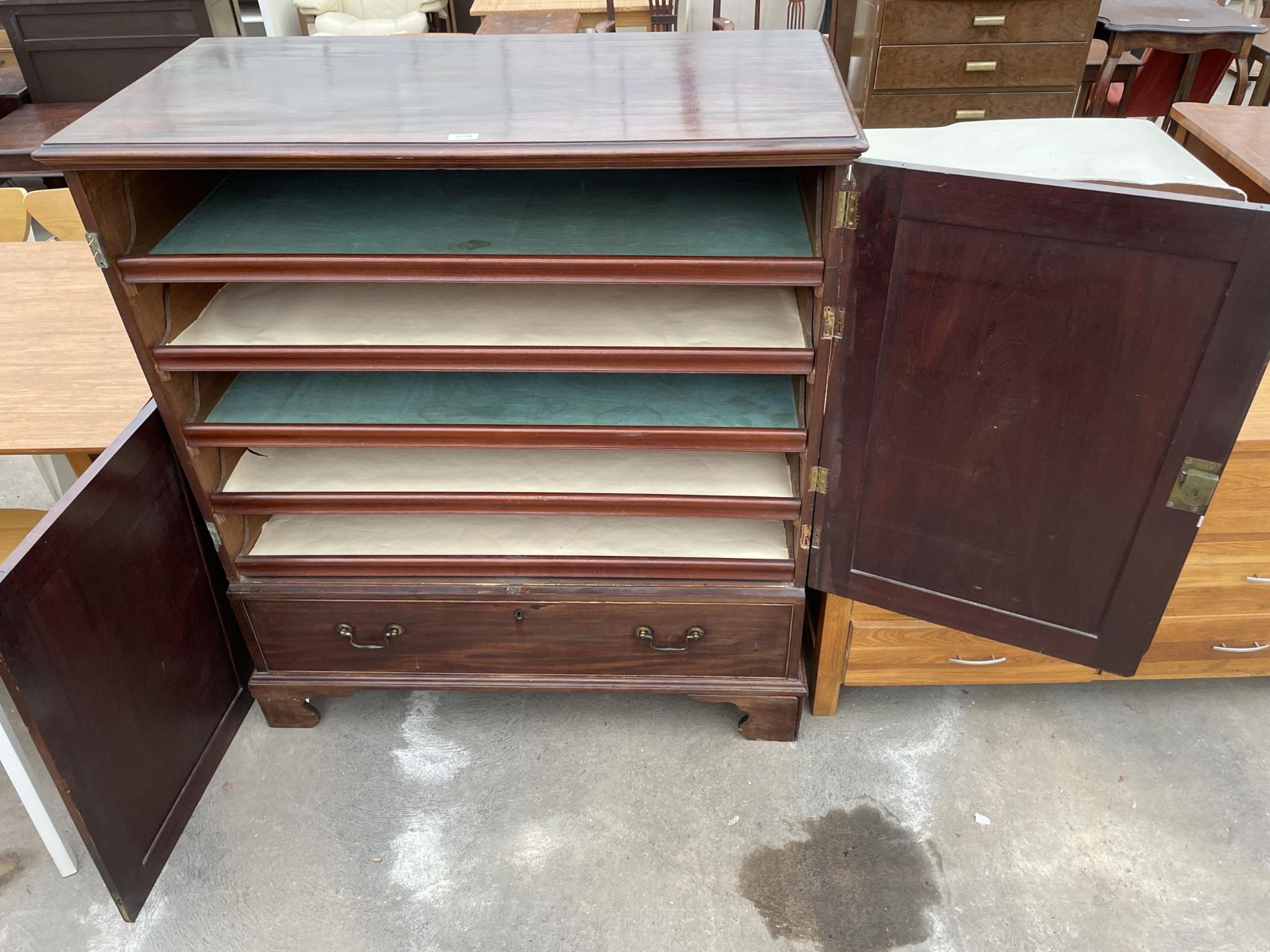 A 19TH CENTURY MAHOGANY PRESS ENCLOSING FIVE SLIDES AND DRAWER TO BASE ON BRACKET FEET 43" WIDE, 22" - Image 2 of 4