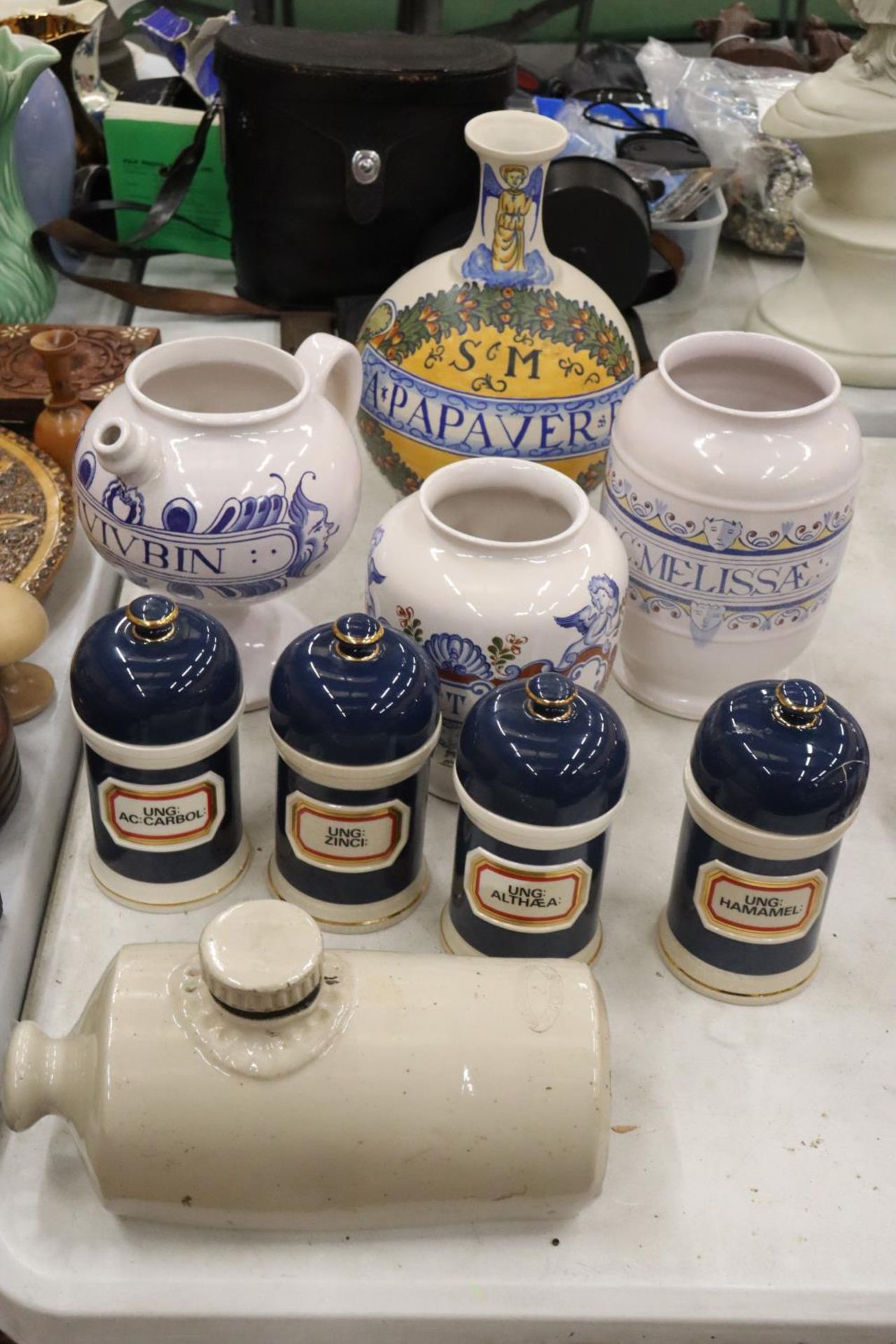 A QUANTITY OF CERAMICS TO INCLUDE FOUR LIDDED APOCATHERY JARS, 1 A/F, A STONE HOT WATER BOTTLE,