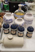 A QUANTITY OF CERAMICS TO INCLUDE FOUR LIDDED APOCATHERY JARS, 1 A/F, A STONE HOT WATER BOTTLE,
