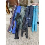 AN ASSORTMENT OF FOLDING CAMPING CHAIRS AND PARASOLS ETC