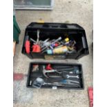 A PLASTIC TOOL BOX CONTAINING AN ASSORTMENT OF TOOLS TO INCLUDE MOLE GRIPS, HAMMERS AND SPANNERS ETC