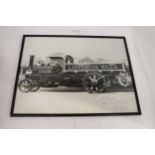 AN HISTORIC FRAMED AND GLAZED PICTURE OF A STEAM LORRY SIGNED S. GINDGEL