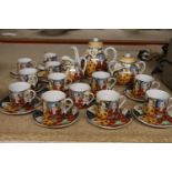 AN ORIENTAL TEASET TO INCLUDE A TEAPOT, SUGAR BOWL, CREAM JUG, CUPS AND SAUCERS