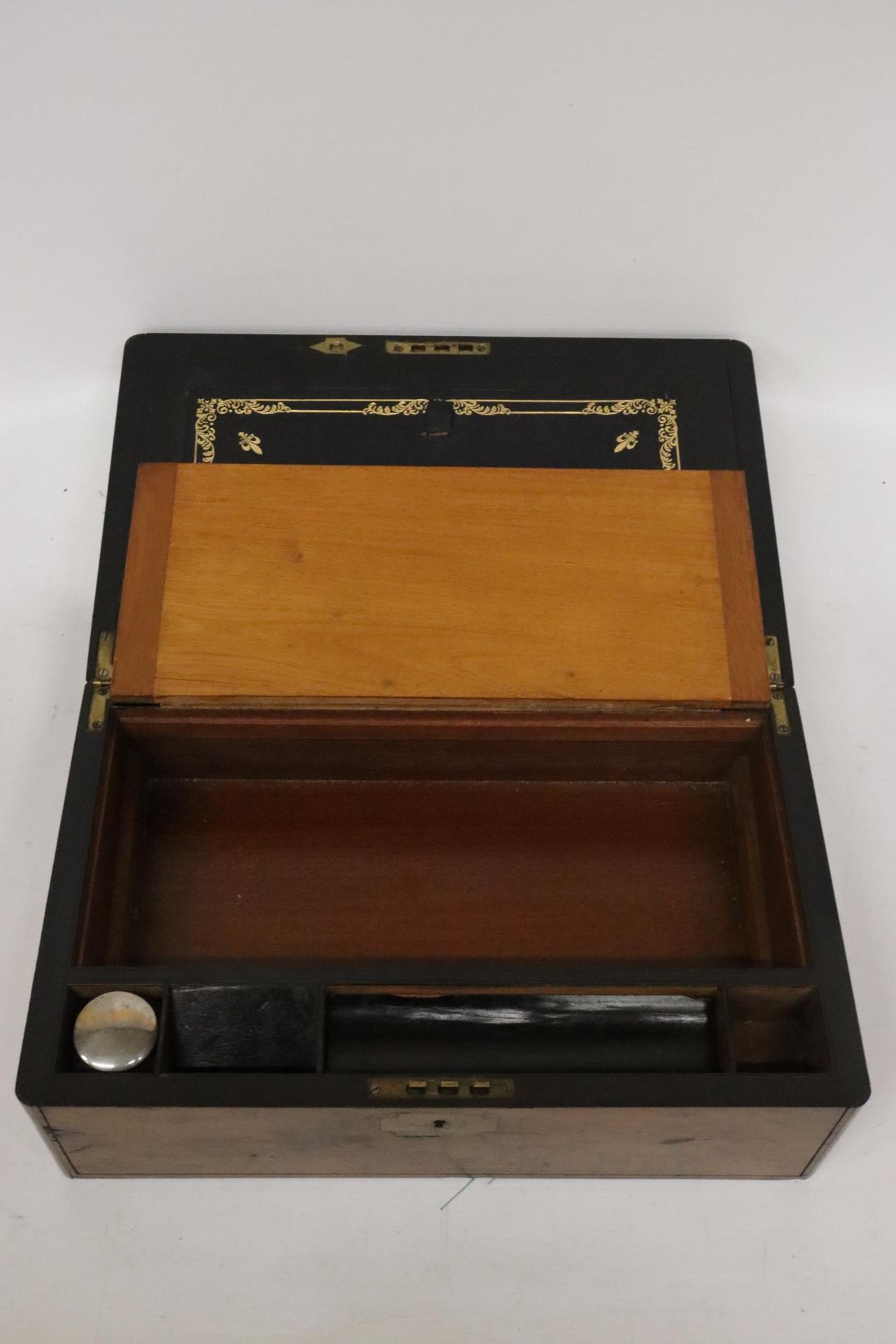 A BRASS BOUND WRITING BOX WITH SECRET DRAWERS, LEATHER TOOLED SLOPE WITH ONE INKWELL - Image 3 of 4