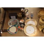 A MIXED LOT TO INCLUDE A HIP FLASK, STUDIO POTTERY VINEGAR BOTTLE, SI8LVER PLATE HOT WATER POT,