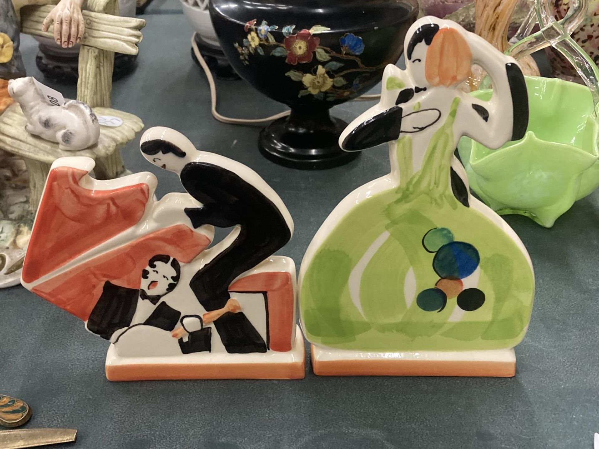 TWO 'PAST TIMES', HANDPAINTED ART DECO, CLARICE CLIFF STYLE FIGURES, 'PIANO PLAYER' AND 'JAZZ