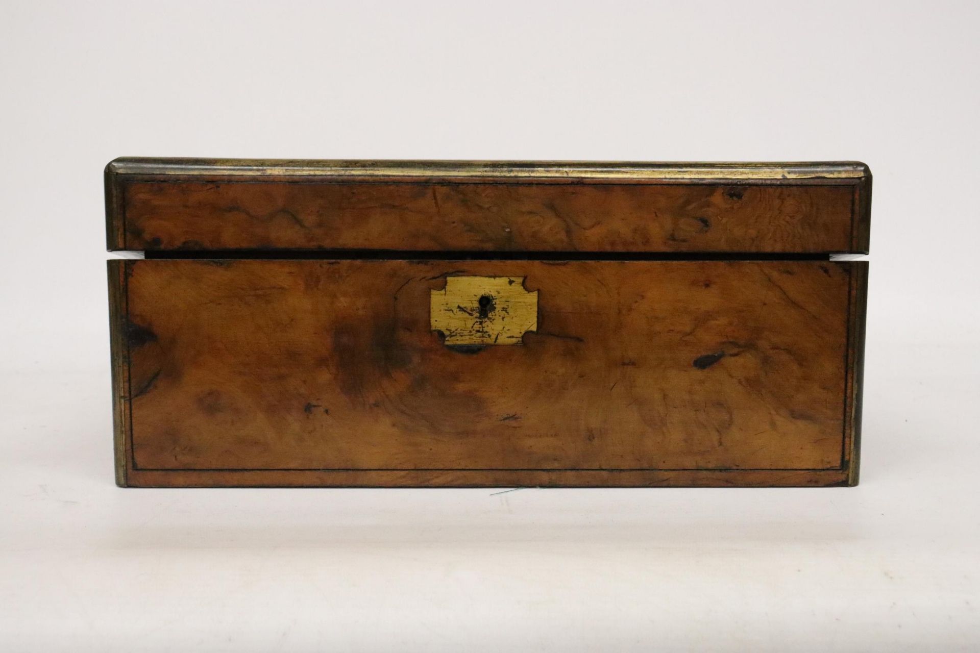 A BRASS BOUND WRITING BOX WITH SECRET DRAWERS, LEATHER TOOLED SLOPE WITH ONE INKWELL - Image 4 of 4