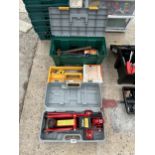 A PLASTIC TOOL BOX WITH AN ASSORTMENT OF TOOLS AND A ROLSON 2 TONNE TROLLEY JACK ETC