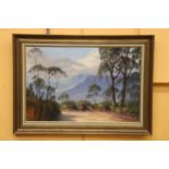 A LARGE OIL ON CANVAS OF A MOUNTAIN THROUGH A CLEARING, SIGNED JOHN EMMETT '76, IN A GILT FRAME,