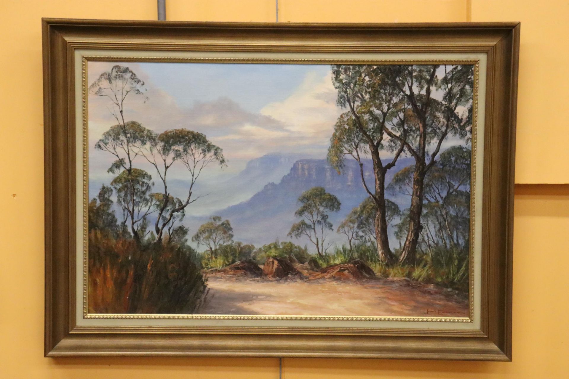 A LARGE OIL ON CANVAS OF A MOUNTAIN THROUGH A CLEARING, SIGNED JOHN EMMETT '76, IN A GILT FRAME,