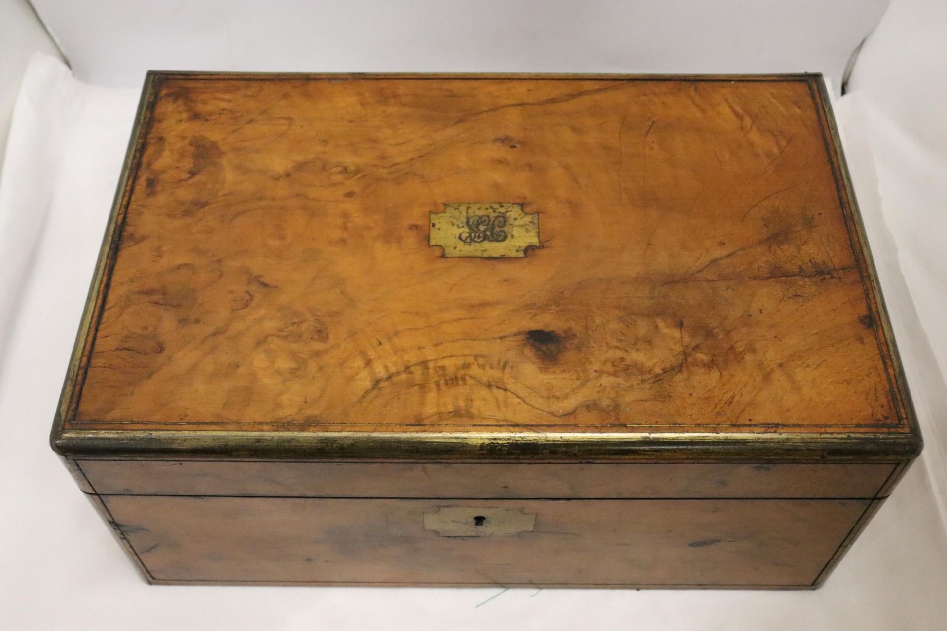 A BRASS BOUND WRITING BOX WITH SECRET DRAWERS, LEATHER TOOLED SLOPE WITH ONE INKWELL - Image 2 of 8