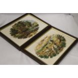 TWO FRAMED SETS OF SIX TILES DEPICTING HUNTING SCENES