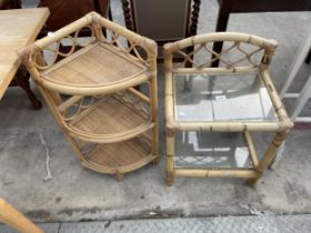 A BAMBOO AND WICKER CORNER UNIT AND BEDSIDE TABLE