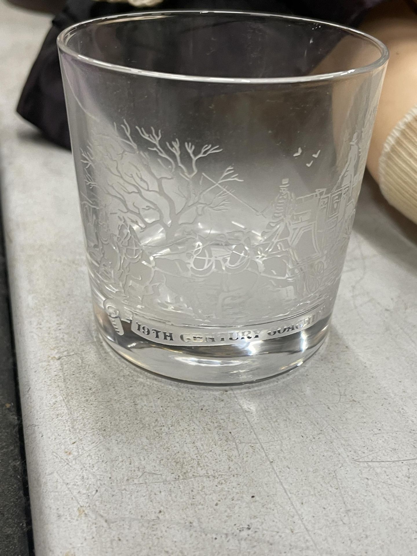 A PAIR OF EDINBURGH INTERNATIONAL WHISKY GLASSES WITH 19TH CENTURY COACHING ENGRAVING, IN - Image 2 of 3