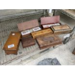 AN ASSORTMENT OF TREEN BOXES TO INCLUDE PLAYING CARDS ETC