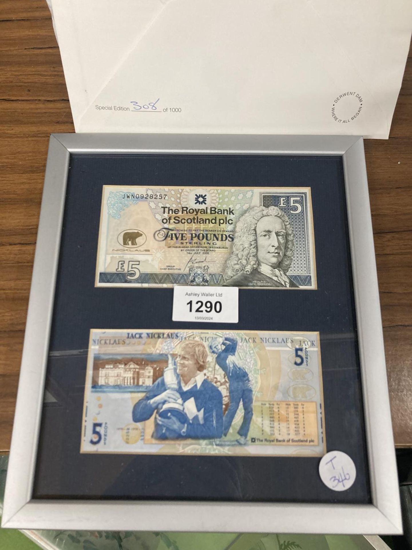 A FRAMED NICK FALDO FIVE POUND NOTE AND A LIMITED EDITION DAM BUSTERS PLATE WITH COA - Image 4 of 4