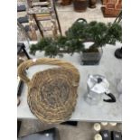 AN ASSORTMENT OF ITEMS TO INCLUDE A COFFEE POT AND A WICKER BASKET ETC