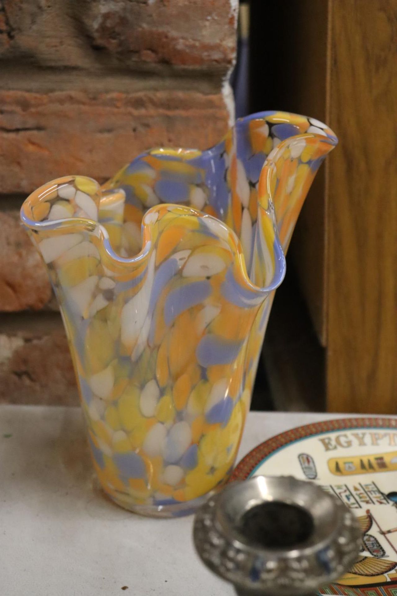 A VINTAGE BLUE AND ORANGE SPOTTED BLOWN GLASS VASE TOGETHER WITH SILVER PLATE CANDLEABRA'S, - Image 6 of 7