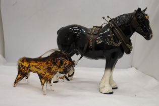A LARGE SHIRE HORSE WITH HARNESS PLUS A HEAVY GLASS 'TORTOISESHELL' BULL
