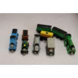 A QUANTITY OF VINTAGE WOODEN THOMAS THE TANK ENGINE TRAINS AND CARRIAGES TO INCLUDE SPENCER, TREVOR,