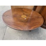 A VICTORIAN WALNUT INLAID LOO TABLE TOP ON A LATER BASE 52" X 40"