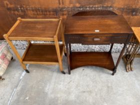 A MID 20TH CENTURY OAK SIDE TABLE WITH SINGLE DRAWER 27" WIDE AND TWO TIER TROLLEY