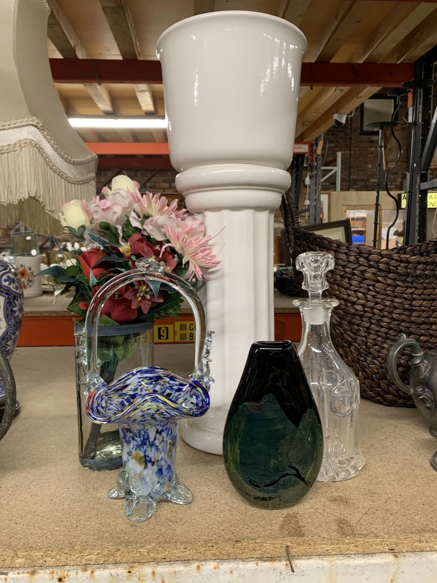 A JARDINERE PLANT STAND, HEIGHT 58CM, MURANO STYLE GLASS BASKET, ART GLASS VASE, DECANTER, ETC