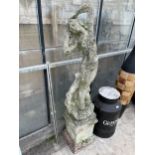 A RECONSTITUTED STONE GARDEN FIGURE OF A NUDE FEMALE ON PEDESTAL BASE (H:148CM)