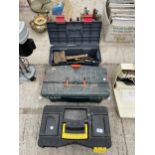 THREE PLASTIC TOOL BOXES WITH AN ASSORTMENT OF TOOLS TO INCLUDE BRACE DRILLS, AN OIL CAN AND MOLE