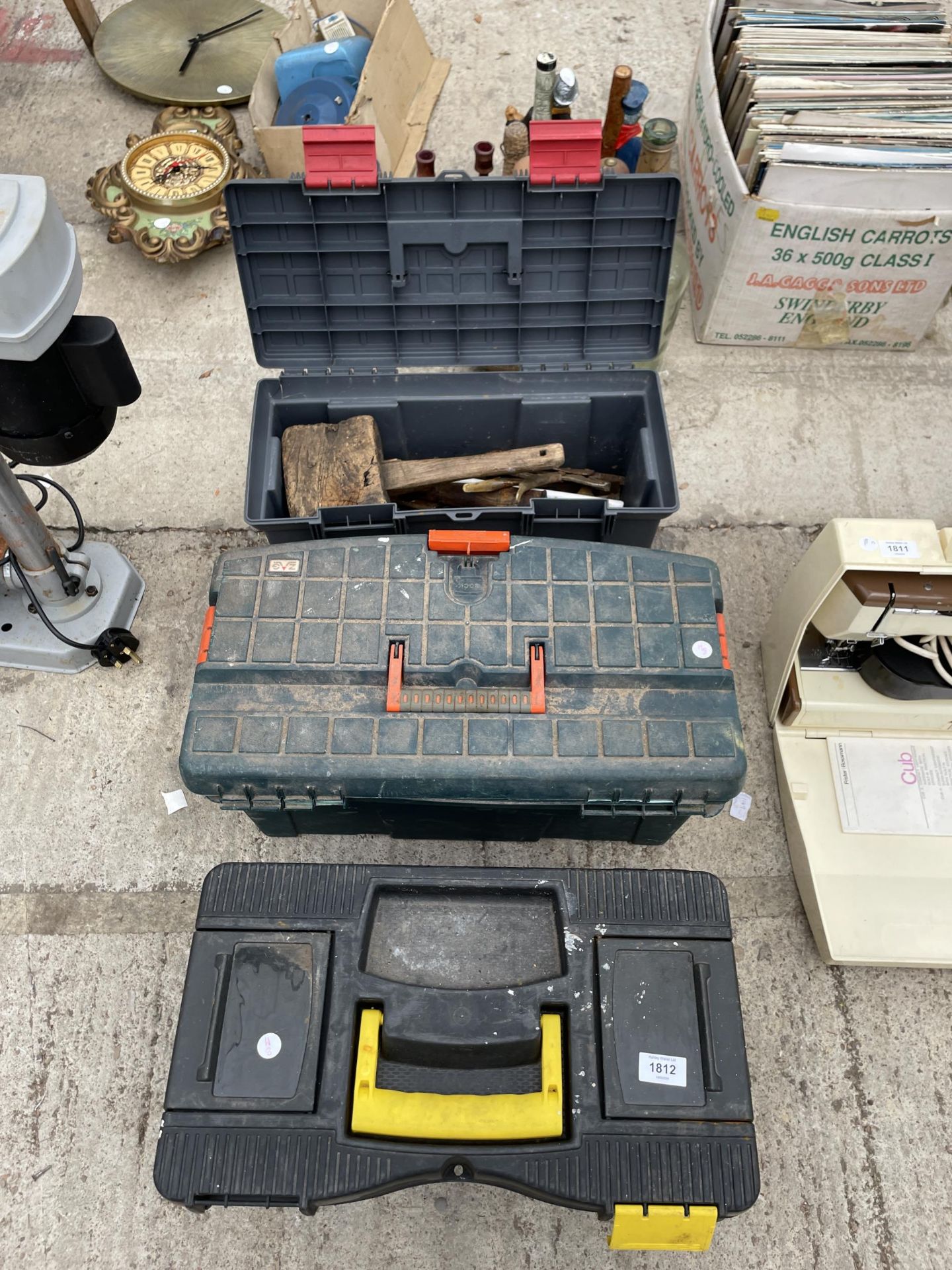 THREE PLASTIC TOOL BOXES WITH AN ASSORTMENT OF TOOLS TO INCLUDE BRACE DRILLS, AN OIL CAN AND MOLE