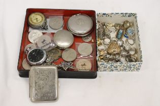 A QUANTITY OF COSTUME JEWELLERY TO INCLUDE POCKET WATCHES IN NEED OF REPAIR, RINGS, PENDANTS, COINS,