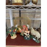 AN ASSORTMENT OF ITEMS TO INCLUDE A BIRD CAGE AND FOUR CAST IRON DOOR STOPS
