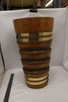 A VINTAGE TALL OAK AND BRASS BOUND TWIN HANDLED STICK STAND