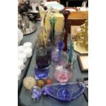 A LARGE QUANTITY OF GLASSWARE TO INCLUDE PAPERWEIGHTS, VASES, BOWLS, ETC.,