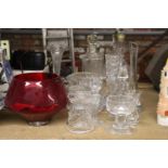 A QUANTITY OF GLASSWARE TO INCLUDE A RED DARTINGTON BOWL, SWEET JAR, VASES, ETC.,