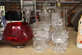 A QUANTITY OF GLASSWARE TO INCLUDE A RED DARTINGTON BOWL, SWEET JAR, VASES, ETC.,
