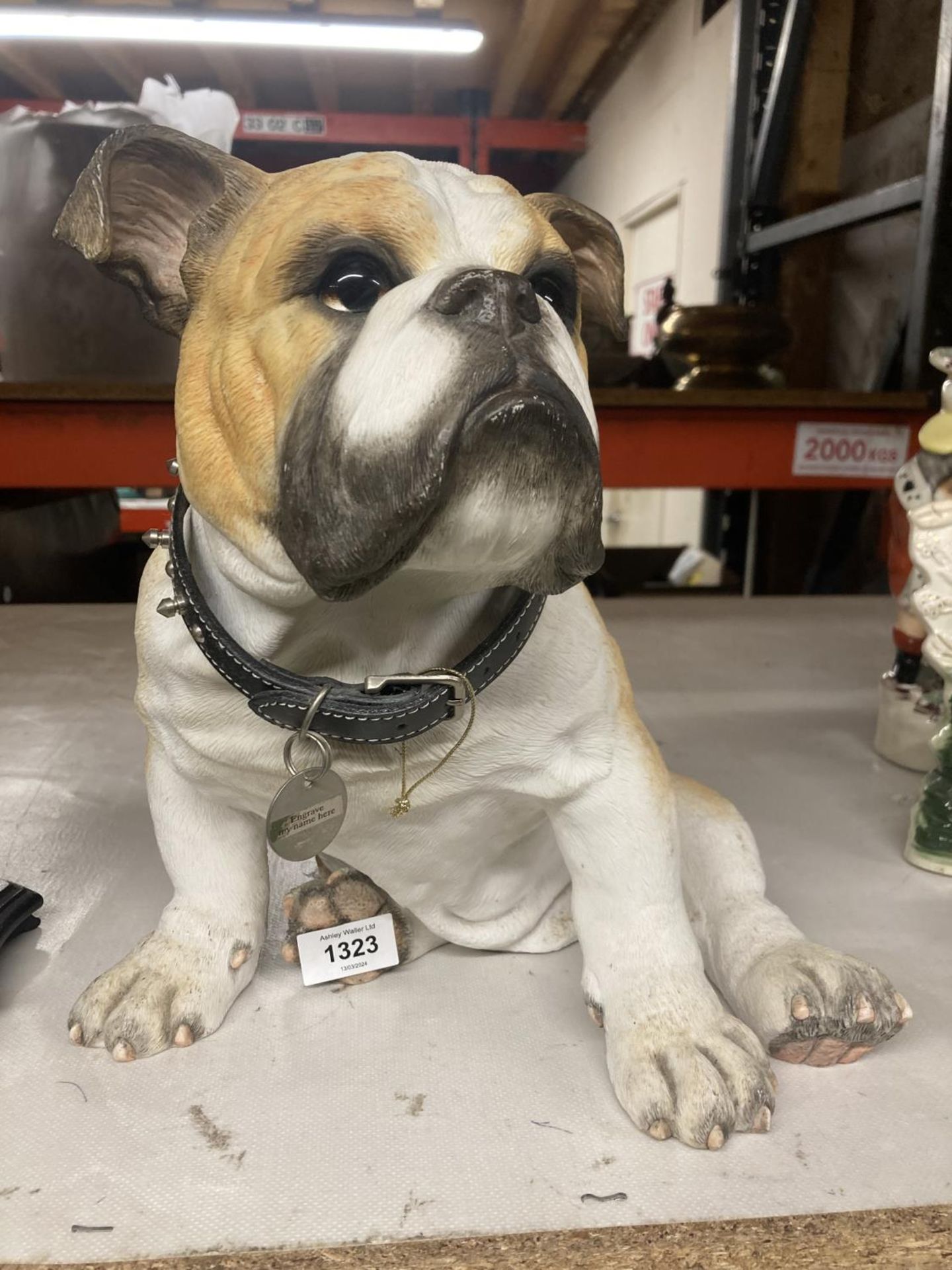 A LARGE HEAVY SOLID BULLDOG WITH REAL COLLAR, HEIGHT 29CM