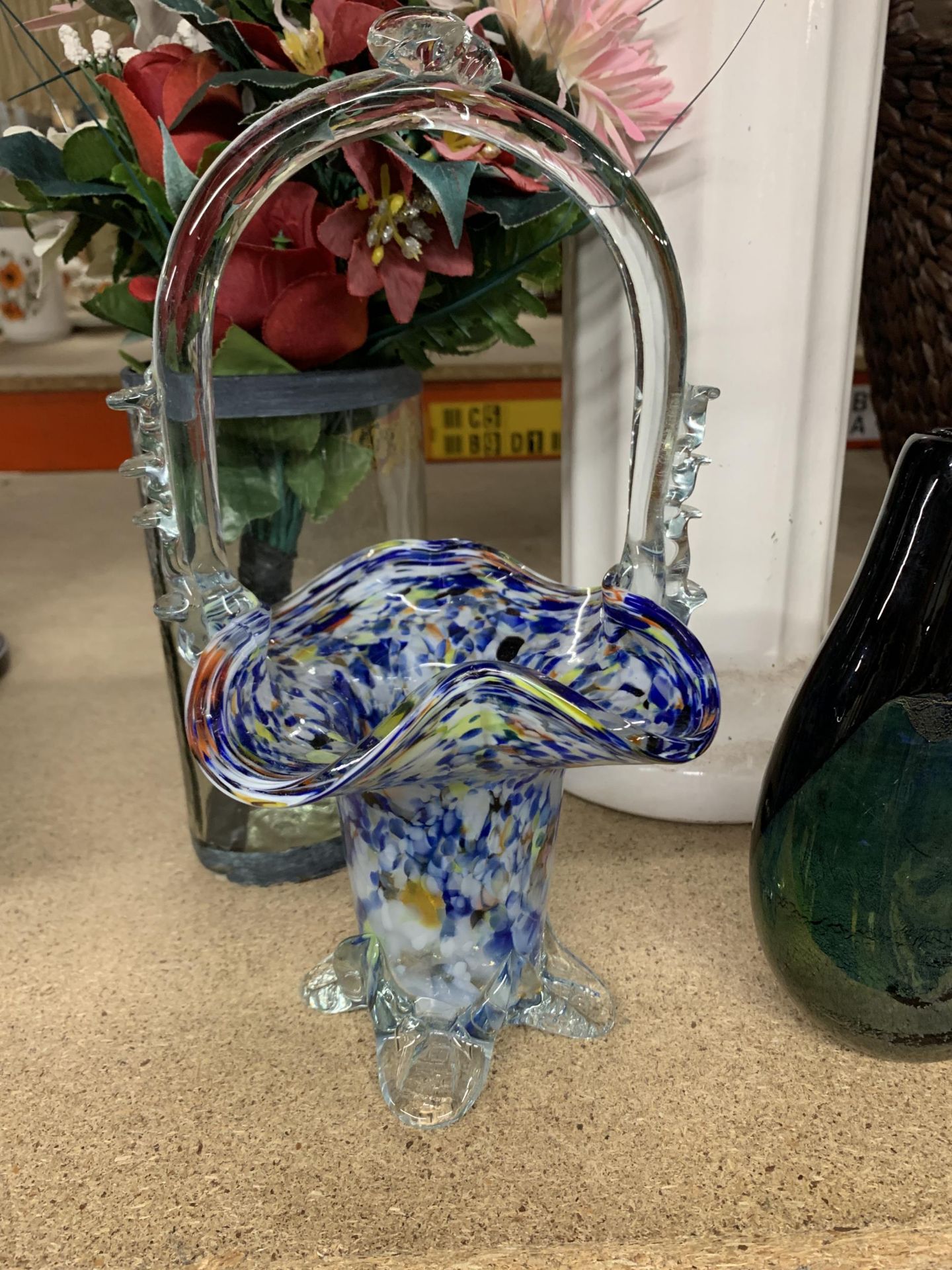 A JARDINERE PLANT STAND, HEIGHT 58CM, MURANO STYLE GLASS BASKET, ART GLASS VASE, DECANTER, ETC - Image 2 of 4